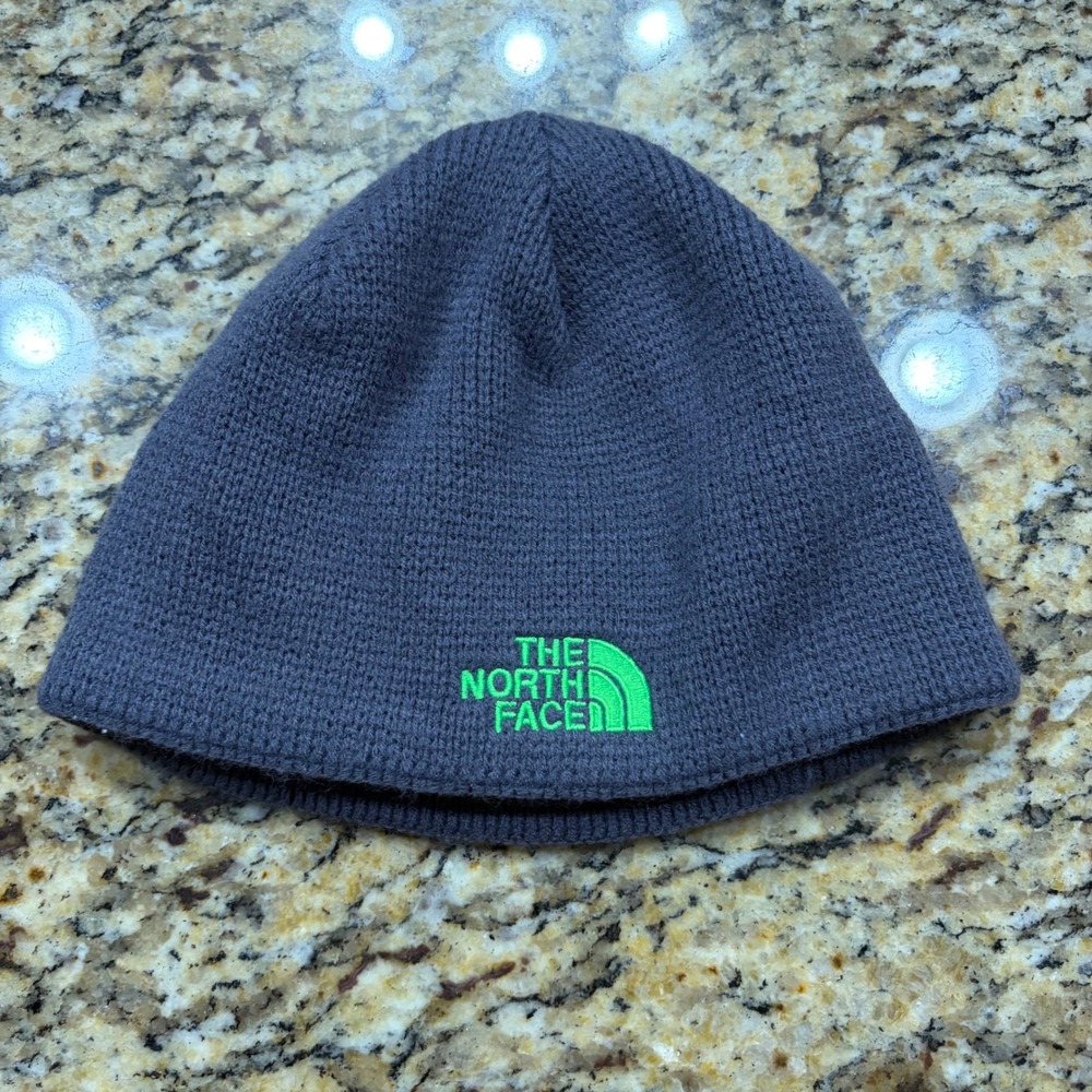 The North Face Boy Bones Beanie Grey Lime Green Logo Knit Fleece Lined Hat M